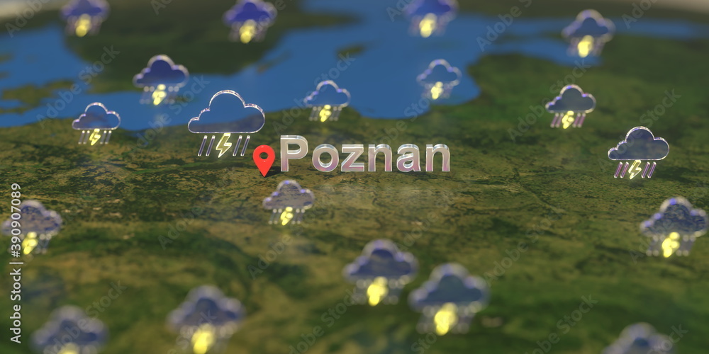 Poznan city and stormy weather icon on the map, weather forecast related 3D rendering Poznan city and stormy weather icon on the map, weather forecast related 3D rendering