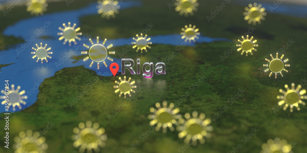Sunny weather icons near Riga city on the map, weather forecast related 3D rendering