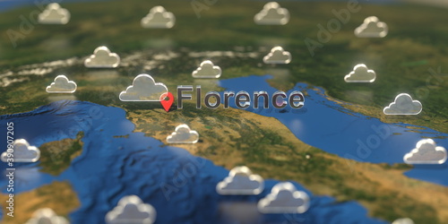 Cloudy weather icons near Florence city on the map, weather forecast related 3D rendering