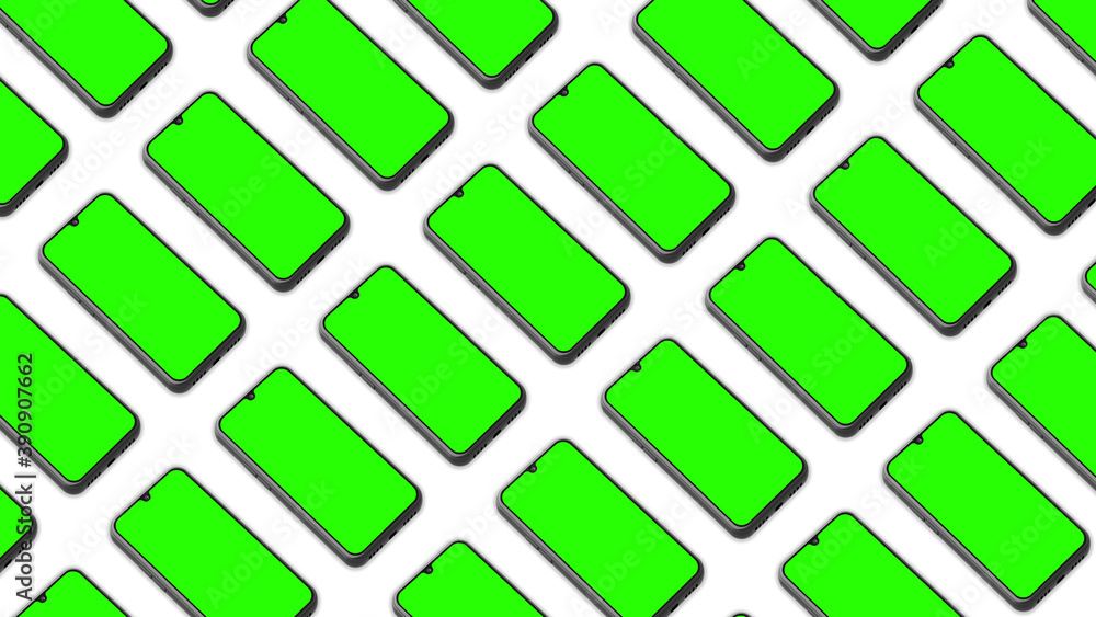On a white background, smartphones with green screens, modern mobile devices, the concept of technology and communication. 3D-rendering On a white background, smartphones with green screens, modern mobile devices, the concept of technology and communication. 3D-rendering
