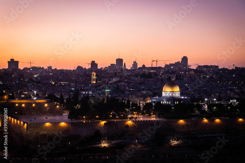  panorama of jerusalem with a mosque dome on the rock in the light of the setting sun