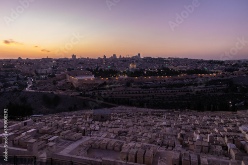 Jewish cemetery on the Mount of Olives in Jerusalem at sunset