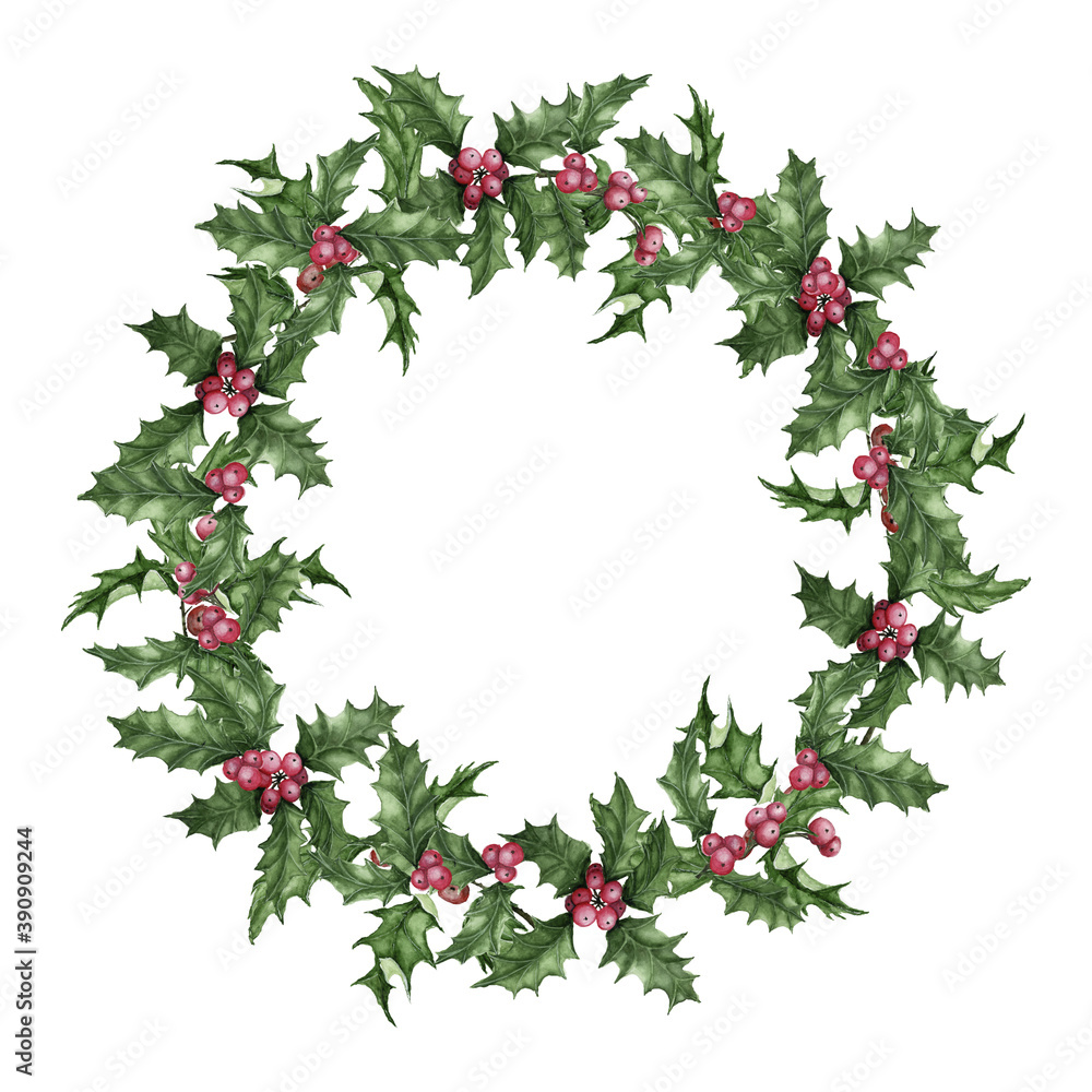 Christmas Holly branches and berries wreath. Watercolor hand drawn isolated Holly branches wreath. Winter holiday. White background Christmas Holly branches and berries wreath. Watercolor hand drawn isolated Holly branches wreath. Winter holiday. White background