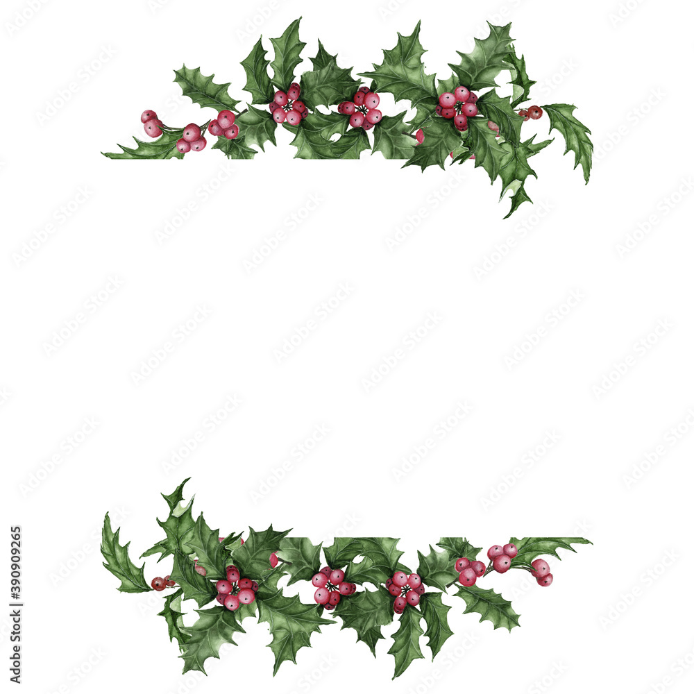 Christmas Holly branches and berries frame. Watercolor hand drawn isolated Holly branches frame. Winter holiday. White background