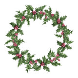 Christmas Holly branches and berries wreath. Watercolor hand drawn isolated Holly branches wreath. Winter holiday. White background
