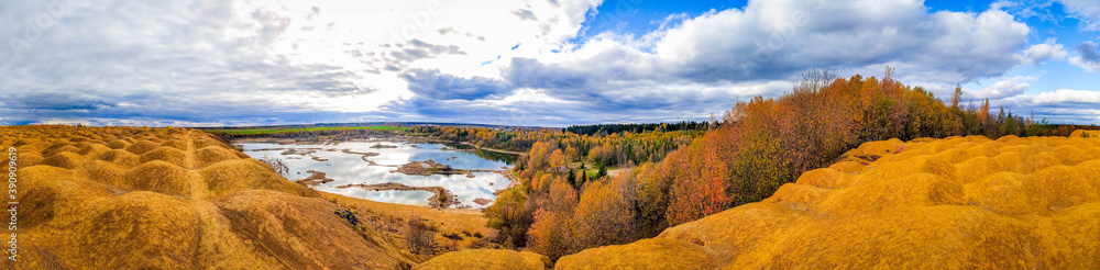 Panorama landscape of autumn . Beautiful scenery. The colors of autumn. Orange trees. New season.