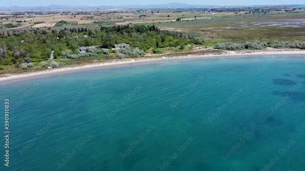 Aerial view of idyllic beach in the area of Thessaloniki, Greece, Aerial view of idyllic beach in the area of Thessaloniki, Greece, forward movement by drone Aerial view of idyllic beach in the area of Thessaloniki, Greece, Aerial view of idyllic beach in the area of Thessaloniki, Greece, forward movement by drone