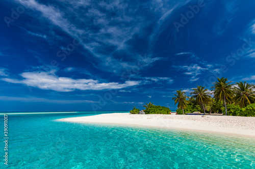 Fototapeta Naklejka Na Ścianę i Meble -  Tropical beach in Maldives with palm trees and vibrant lagoon