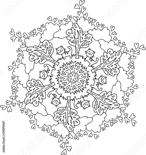 Fototapeta Naklejka Na Ścianę i Meble -  snowflake, cats and trees, coloring in mandala, circular illustration of snowflakes from plants and cats, hand drawing isolated on a white background