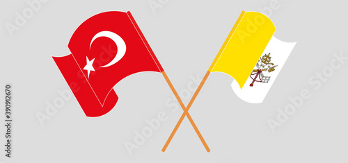 Crossed and waving flags of Turkey and Vatican