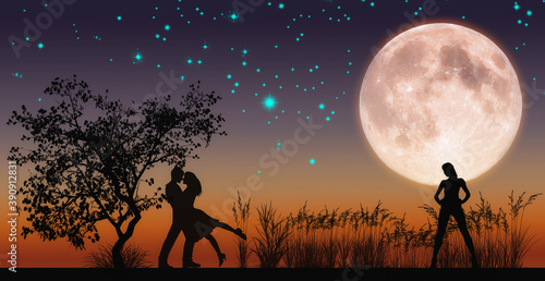 People in love triangle under full Moon