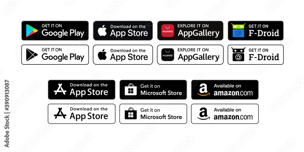 Badges Google Play store, Apple App store, different languages