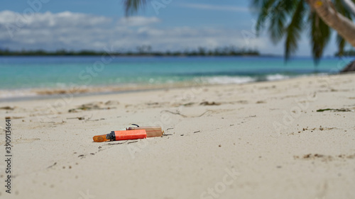  Different types of plastic garbage found on paradise uninhabited islands of archipelago San Blas, Panama 