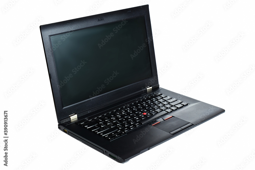 black laptop with place on the screen for text or pictures. isolated on white background. high technology office work concept. black laptop with place on the screen for text or pictures. isolated on white background. high technology office work concept.