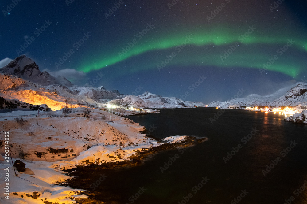 Polar light in Lofoten. Marvel winter time in Scandinavian. European landscape. 