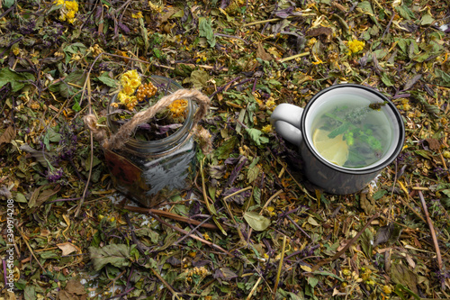 Wallpaper Mural assortment of dry healing herbs and tea in cup with lemon and mint Torontodigital.ca