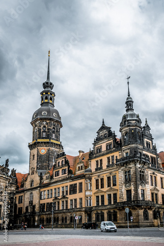 Dresden, Saxony / Germany - May 02 2017: Ancient historical quarter of Dresden, Saxony Germany. Palace of the residence of the German kings. Facade of an ancient German castle