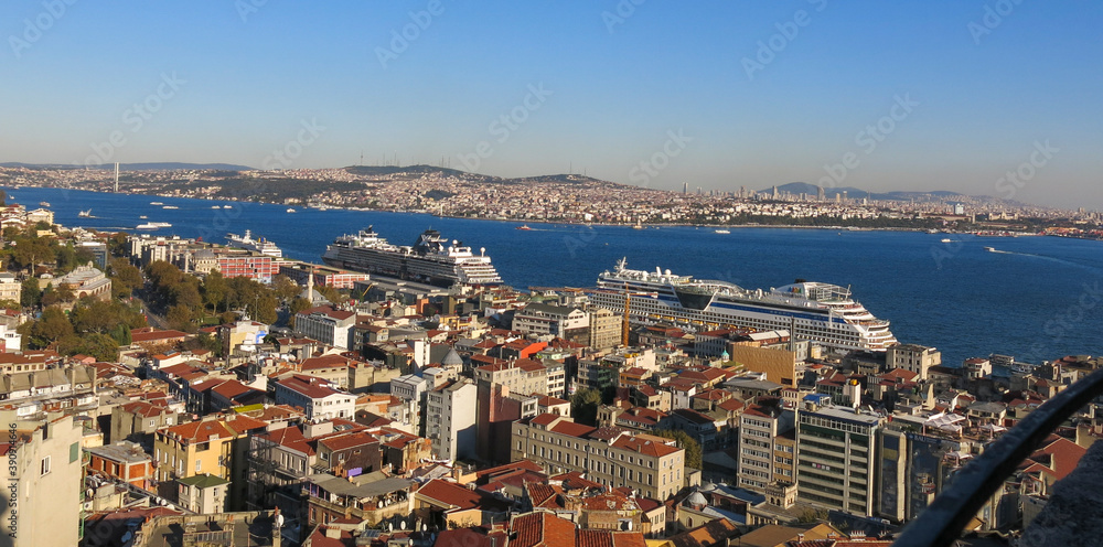 Ariel View of Istanbul which is Turkey's most populous city as well as its cultural and financial hub. Two huge cruise ships parked near Tophane, Karakoy port.