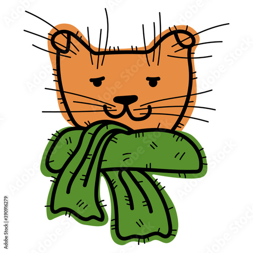 Cute drawn cat in scarves. isolated contour illustration for fabric, poster, postcard, etc.