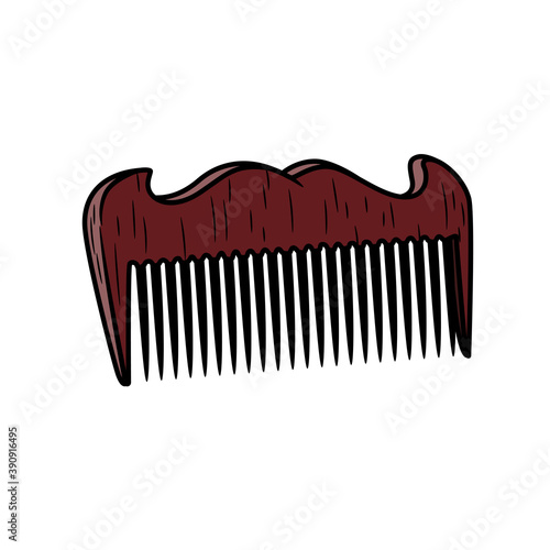 Wooden comb for men's hair or beard.Isolated on a white background. Illustration in ink hand drawn style.