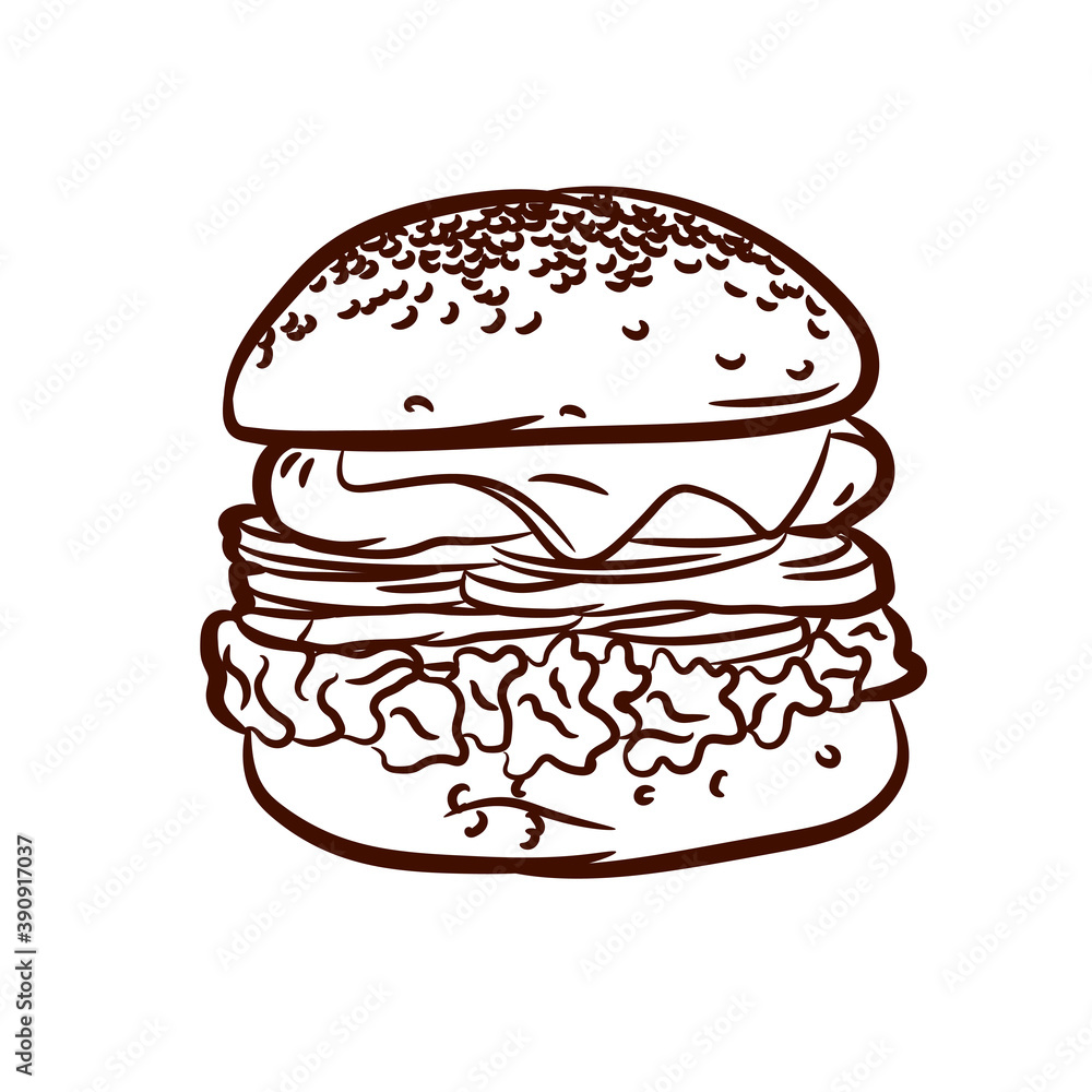 Delicious and juicy burger. Isolated on white background, there is a place for printing. illustration in ink hand drawn style Delicious and juicy burger. Isolated on white background, there is a place for printing. illustration in ink hand drawn style