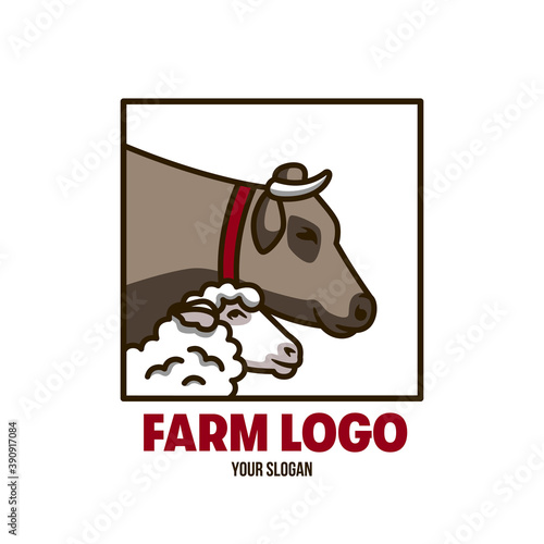 Logo for a farm in the form of a cow and a sheep standing nearby.  Rustic mood.  Isolated on white background