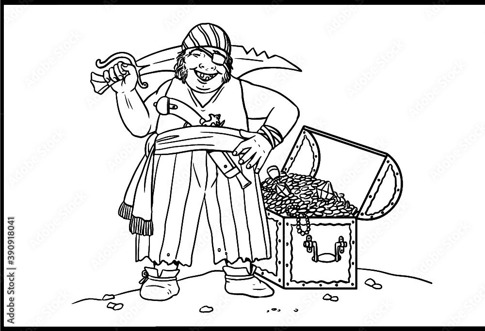 Pirate with the treasure chest for coloring. Vector template for ...