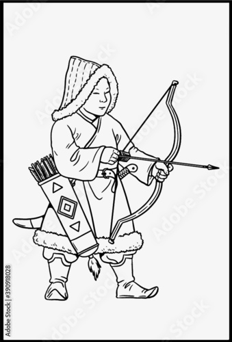 Mongolian archer for coloring. Vector template for children.