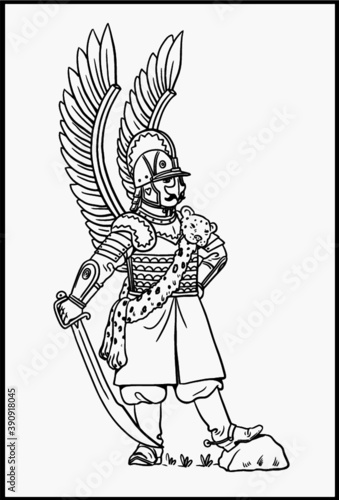 Winged polish hussar for coloring. Vector template for children.