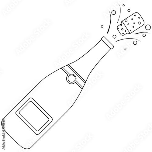 Vector illustration black isolated open bottle of champagne, doodle on white background. Simple flat style.