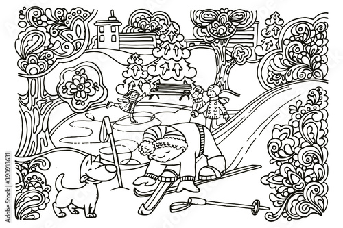 coloring book, winter day, little boy on skis, fell, near a dog, city ice rink in the park, frosty patterns, snow, vector illustration