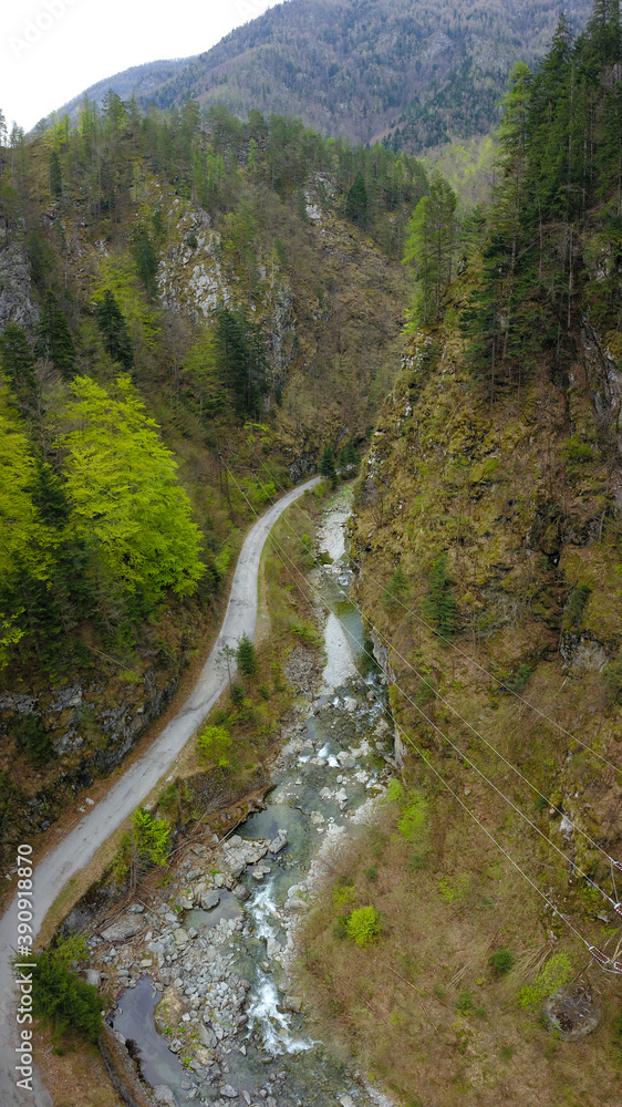 Fototapeta premium Aerial drone view over the Latorita river that flows along its beautiful Gorges. Capatanii Massif, Spring time, Carpathia, Romania.