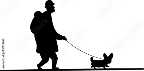 cartoon man walking his dog silhouette vector illustration