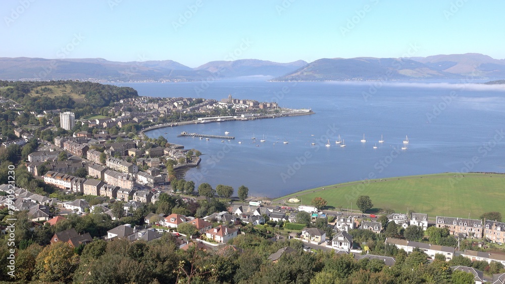 Sweeping panoramic view over Gourock and the Firth of Clyde from Lyle Hill. Some mist in patches close to the water.
