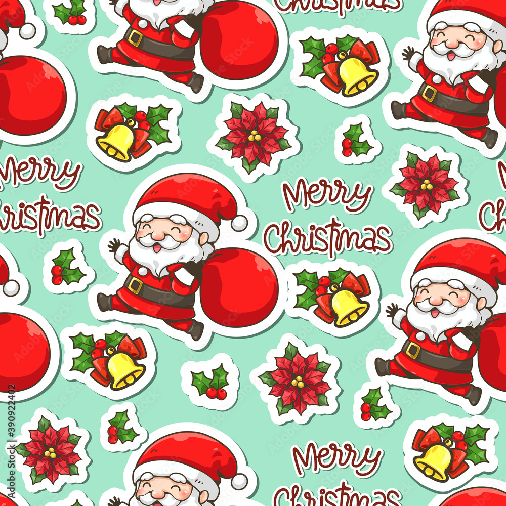 Christmas seamless pattern little santa carrying a bag of gifts. Cute cartoon element such as little santa, christmas berry, bell, leaves, flower christmas and Merry Christmas text, Green background. Christmas seamless pattern little santa carrying a bag of gifts. Cute cartoon element such as little santa, christmas berry, bell, leaves, flower christmas and Merry Christmas text, Green background.