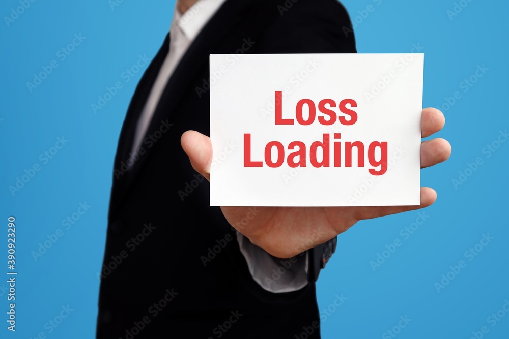 Loss Loading. Businessman in suit showing business card with text. Man isolated on blue background Loss Loading. Businessman in suit showing business card with text. Man isolated on blue background