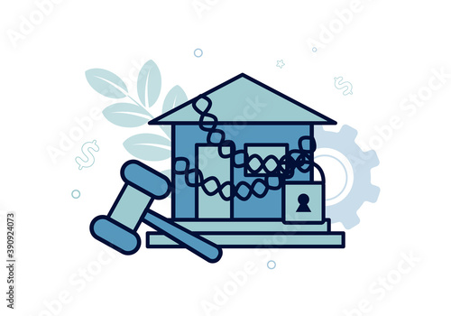 Finance. Foreclosure. House in chains with padlock and hammer next to it, with foreclosure lettering. Vector illustration