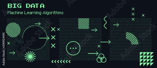 Big data and machine learning visualization. Network connection structure made of array of dots and composition of geometric shapes.