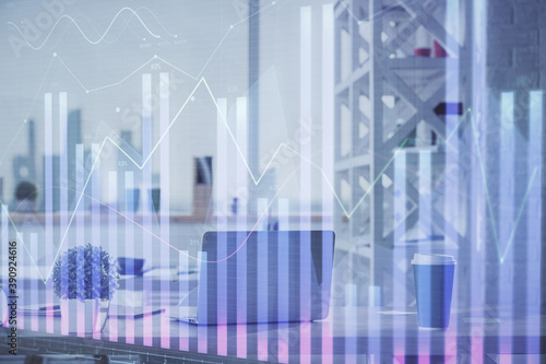 Double exposure of stock market graph drawing and office interior background. Concept of financial analysis. © peshkova