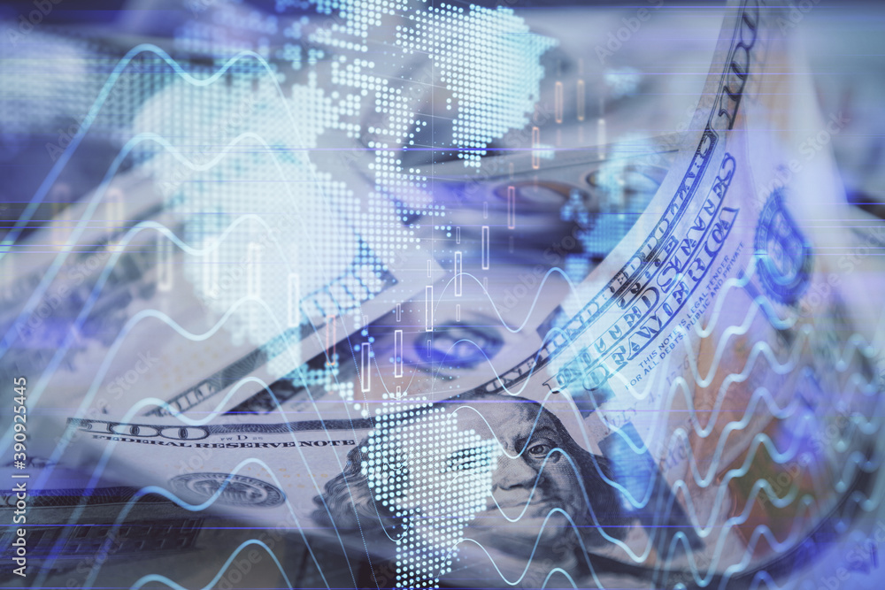 Double exposure of forex graph drawing over us dollars bill background. Concept of financial markets. Double exposure of forex graph drawing over us dollars bill background. Concept of financial markets.