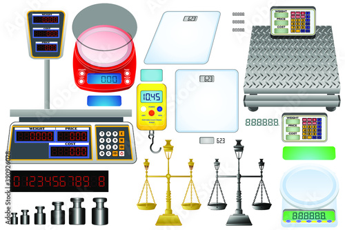 Scales set icons, isolated vector. Weight devices