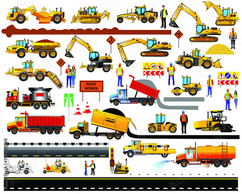 Road works, road construction icons, isolated vector set