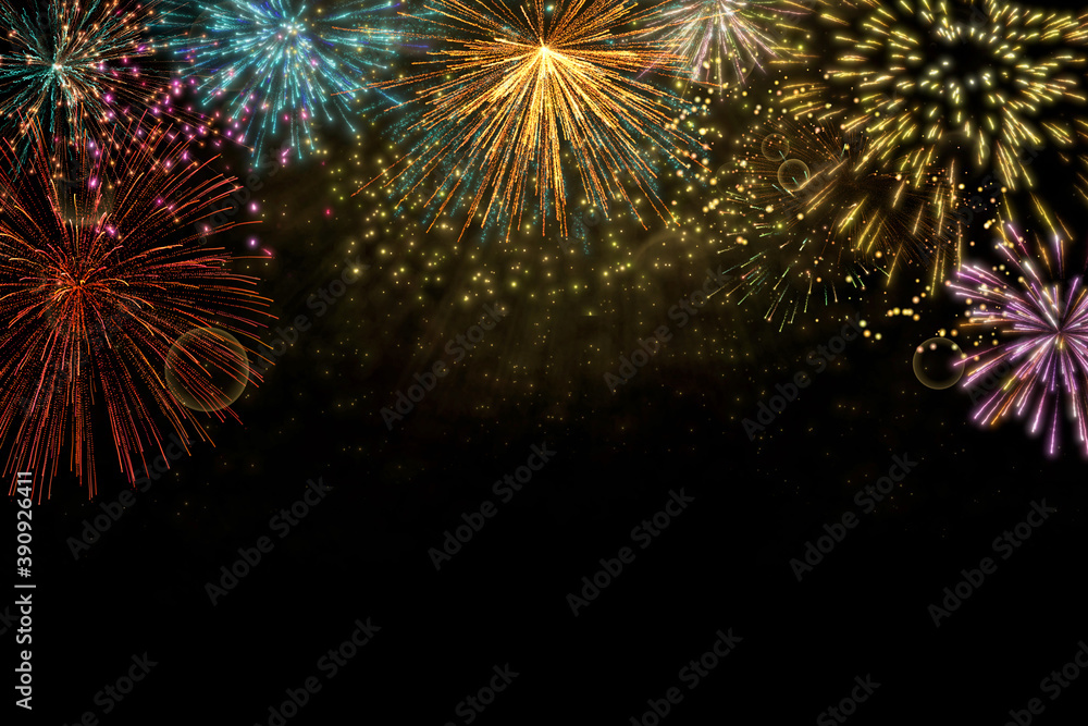 Realistic 3D illustration colorful rainbow firework pyrotechnic night dark  sky smoke on isolated black background wallpaper use celebrate happy new  year countdown festival anniversary birthday party Stock Illustration |  Adobe Stock