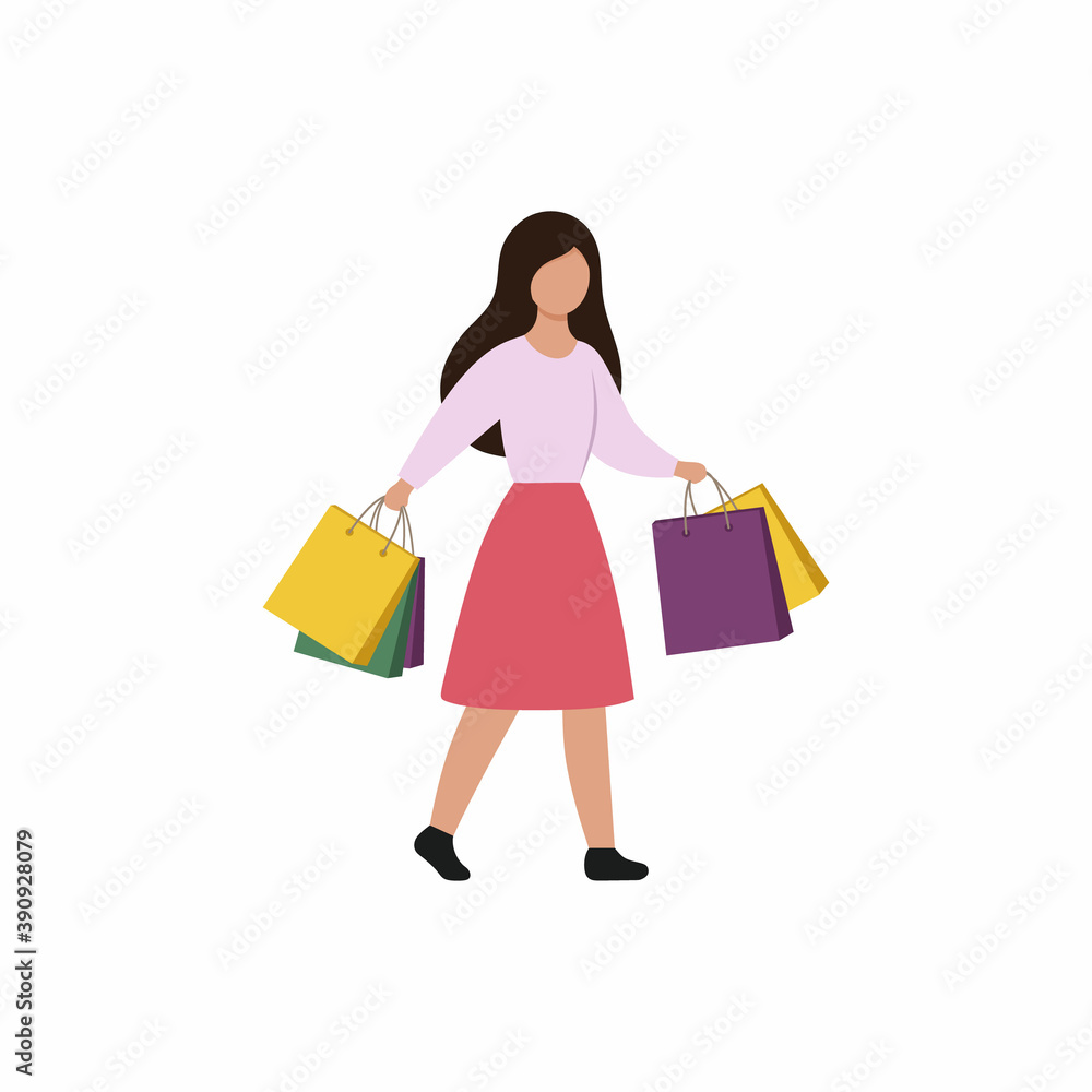 Flat girl in a simple style comes with packages from the store. Woman with shopping. Promotion, sale, best offer.