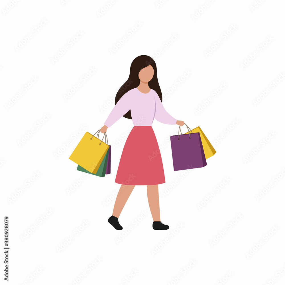 Flat girl in a simple style comes with packages from the store. Woman with shopping. Promotion, sale, best offer. Flat girl in a simple style comes with packages from the store. Woman with shopping. Promotion, sale, best offer.