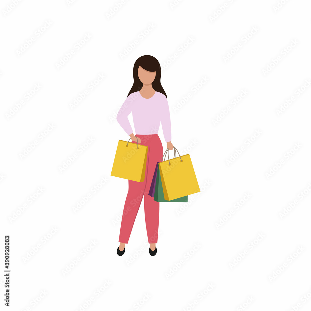 A girl in a flat style stands and holds shopping bags. Go to the supermarket for shopping. Vector cartoon illustration for an advertising banner.