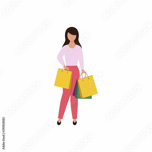 A girl in a flat style stands and holds shopping bags. Go to the supermarket for shopping. Vector cartoon illustration for an advertising banner.