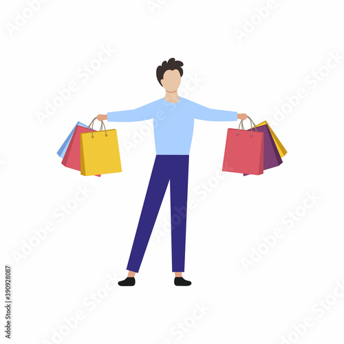 A man is holding shopping bags from a supermarket. The concept of discounts, promotions, and favorable offers.