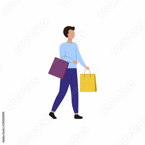 The guy goes with bags from the supermarket. The man with the purchases magazine. Vector flat male character.