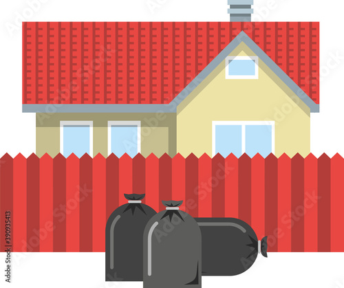 Black full garbage bags on the background of the fence near the cottage. The problem of ecology and garbage, waste collection and treatment. Flat infographics. Vector illustration.
